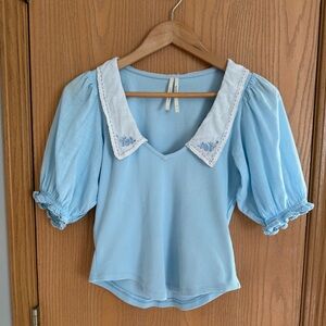 ANTHROPOLOGIE Light Blue Puff Sleeve Embroidered White Collar Blouse Size S
